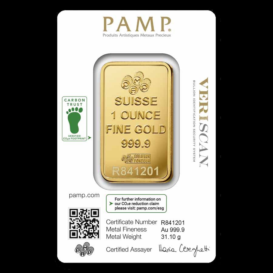 1 oz PAMP Suisse Lady Fortuna gold bar sealed in original blue assay card packaging (reverse)
