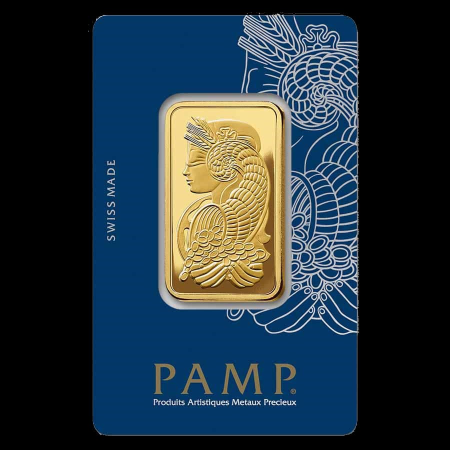 1 oz PAMP Suisse Lady Fortuna gold bar sealed in original blue assay card packaging