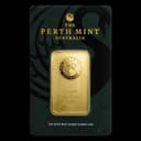 1 oz Perth Mint gold bar sealed in original green assay card packaging with swan logo