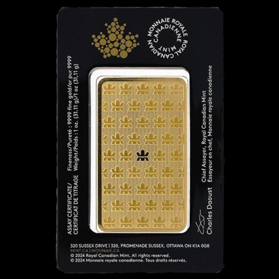 1 oz Royal Canadian Mint gold bar sealed in original black assay card packaging (reverse)
