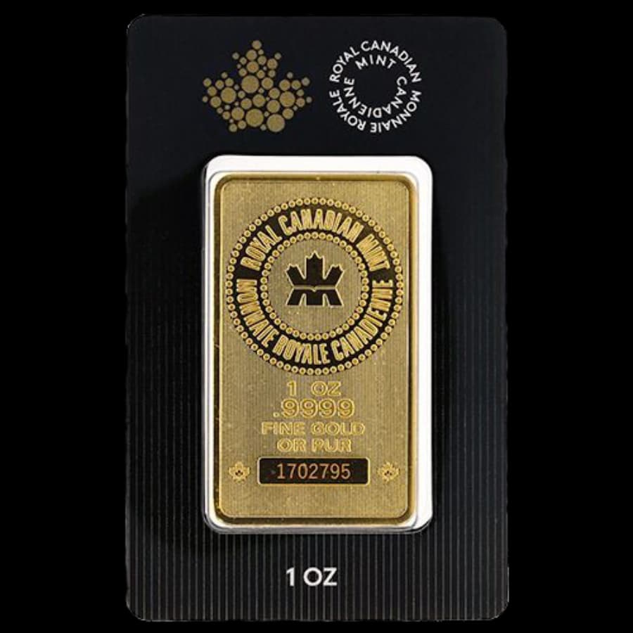 1 oz Royal Canadian Mint gold bar sealed in original black assay card packaging