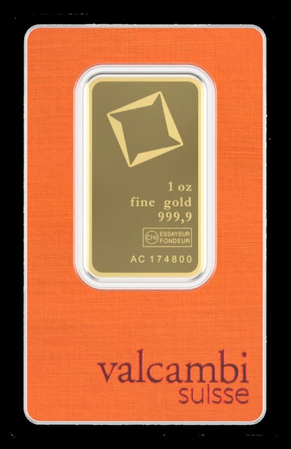 1 oz Valcambi Suisse gold bar sealed in original assay card packaging