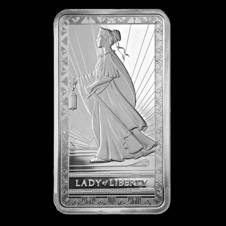 10 oz PAMP Lady of Liberty Silver Bar front with Lady of Liberty design