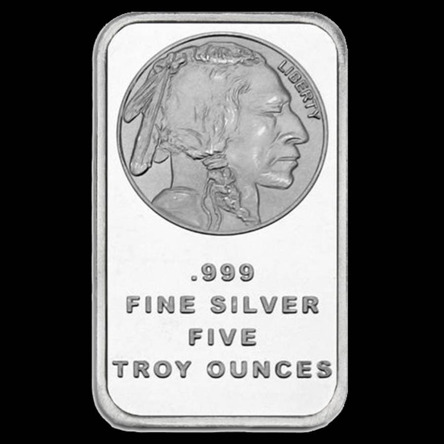 5 oz silver bar front — Buffalo design, .999 fine silver five troy ounces