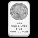 5 oz silver bar front — Buffalo design, .999 fine silver five troy ounces