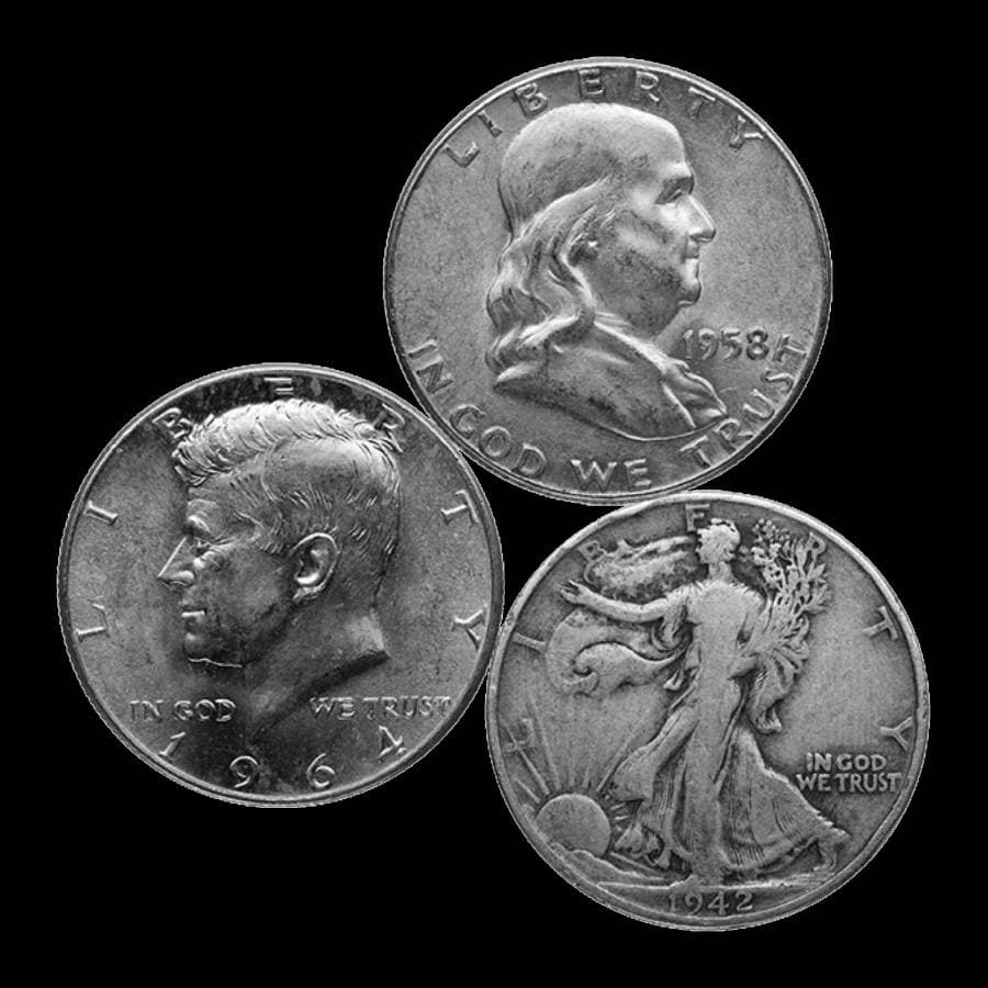$1 face value 90% silver half dollars, including Franklin, Kennedy, and Walking Liberty designs
