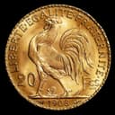France Gold 20 Francs Rooster coin — Gallic rooster design with 20 Fcs denomination