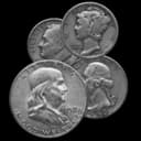 90% silver coins — Franklin half dollar, Mercury dimes, Roosevelt dime, and Washington quarter