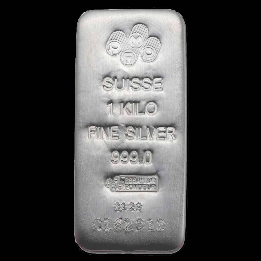 1 Kilo PAMP Suisse Silver Bar front with PAMP logo, serial number, and silver markings