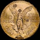 Mexican 50 Peso Centenario reverse with Winged Victory and volcanoes