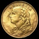 Swiss Gold 20 Francs Helvetia coin obverse — Helvetia portrait with mountain peaks