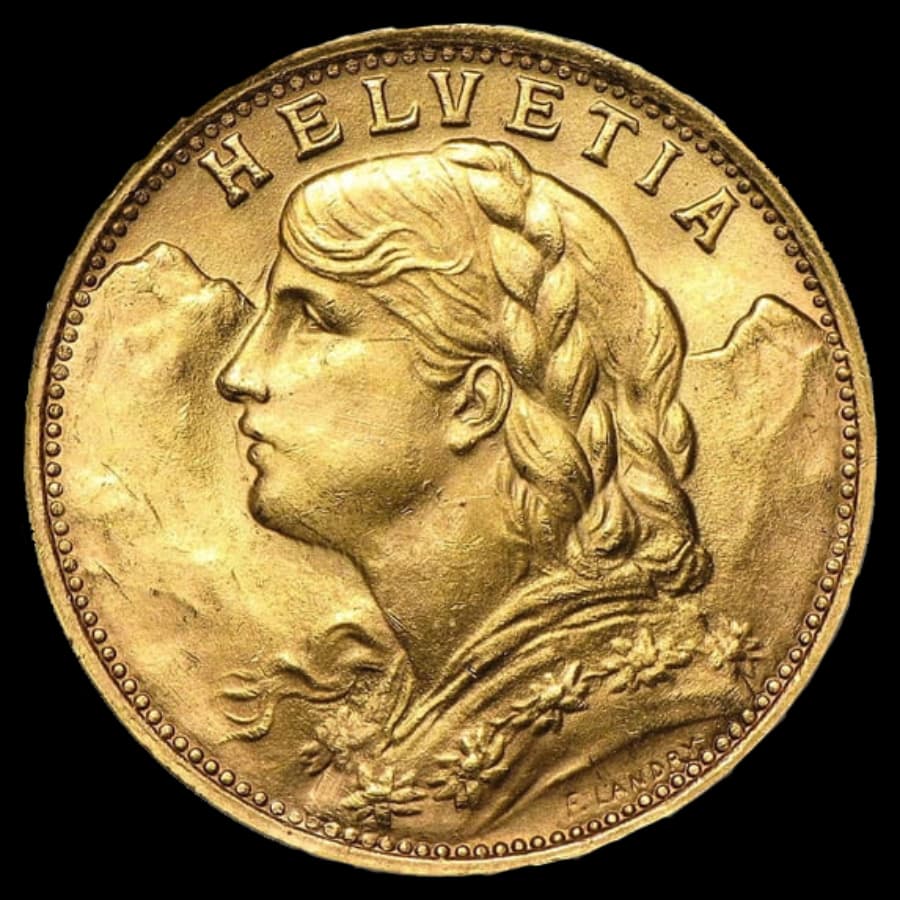 Swiss Gold 20 Francs Helvetia coin obverse