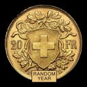 Swiss Gold 20 Francs Helvetia coin reverse — Swiss shield with oak branch, 20 FR denomination