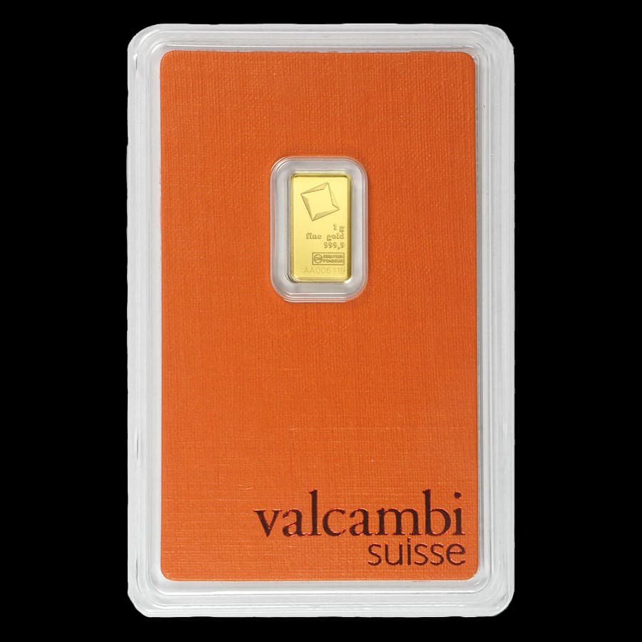 1 gram Valcambi Suisse gold bar front in sealed assay card, marked 1 g fine gold 999,9
