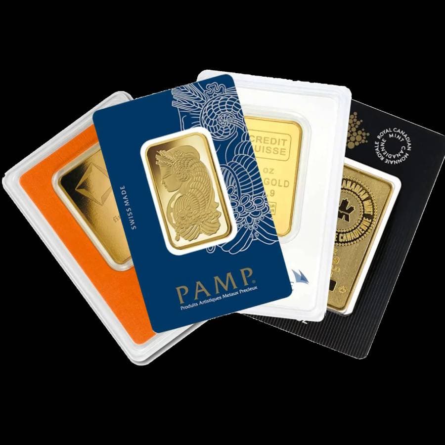 1 oz gold bars from various recognized mints in assay cards, including PAMP Suisse, Credit Suisse, and Royal Canadian Mint