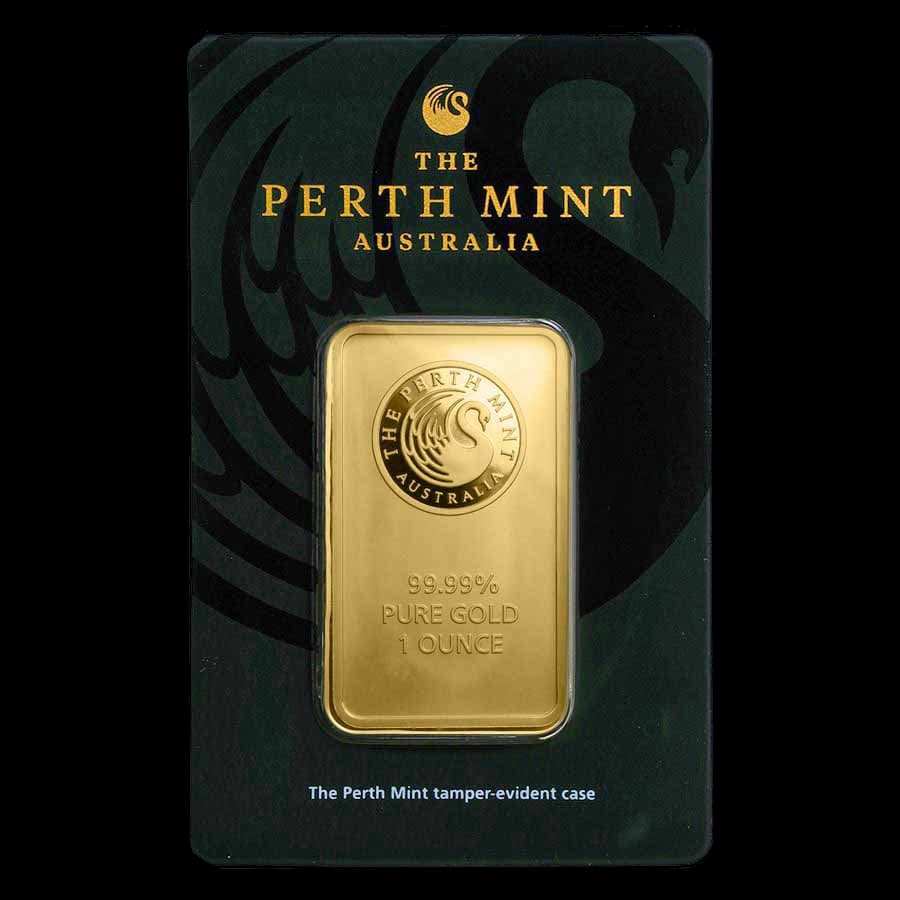 1 oz Perth Mint gold bar sealed in original green assay card packaging with swan logo