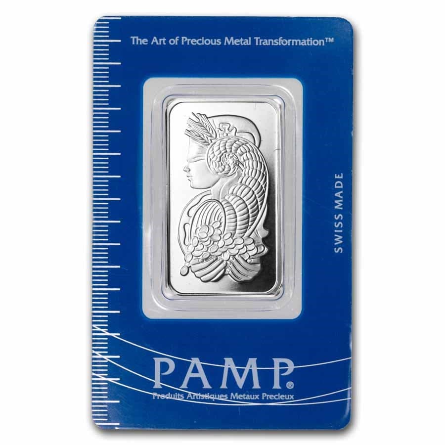 1 oz PAMP Suisse Fortuna platinum bar in blue assay card — front