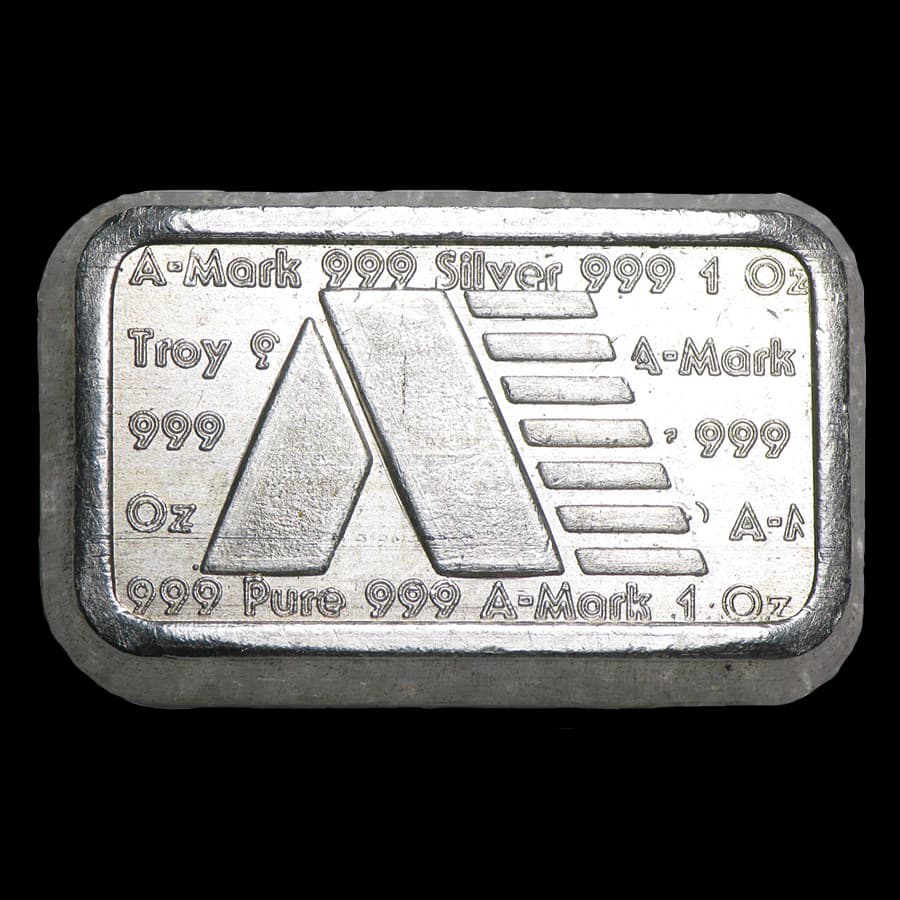 1 oz A-Mark Brick Type-2 silver bar front showing the A-Mark logo with repeated 999 Silver and 1 Oz Troy markings