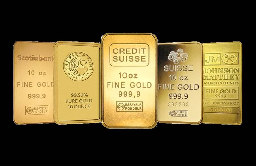 10 oz gold bars from various recognized mints, including Scotiabank, Perth Mint, Credit Suisse, PAMP Suisse, and Johnson Matthey