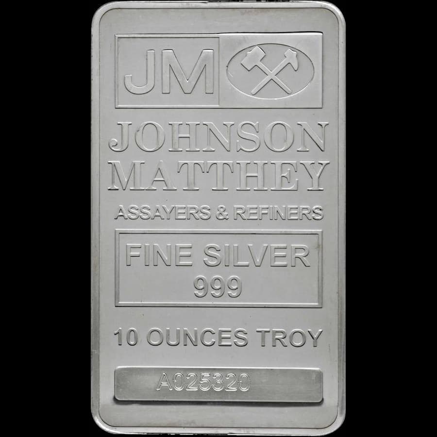 10 oz Johnson Matthey Silver Bar front with JM hallmark and silver markings