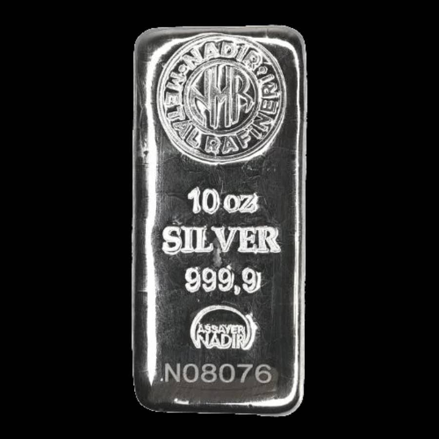 10 oz Nadir Silver Bar front with Nadir Metal Rafineri hallmark and silver markings