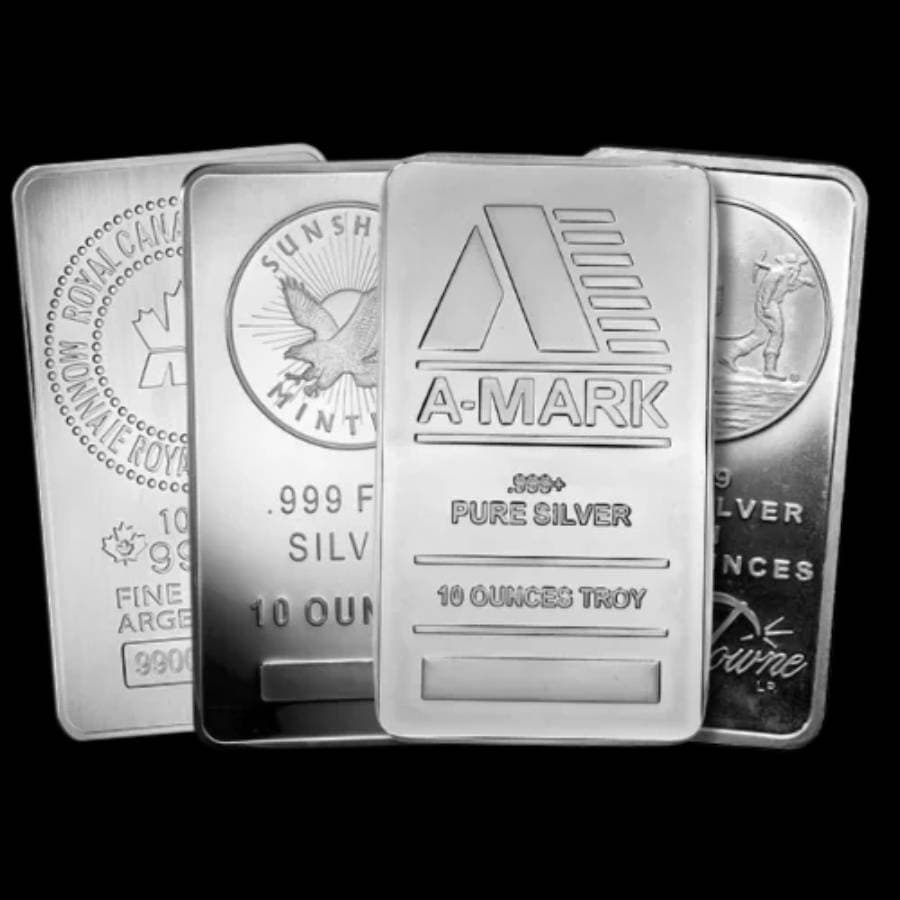 10 oz silver bars from various recognized mints, including Royal Canadian Mint, Sunshine Minting, A-Mark, and SilverTowne