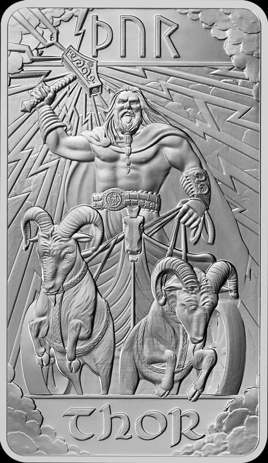 10 oz Royal Mint Norse Gods Thor silver bar showing Thor raising Mjolnir above his chariot goats, name in runes