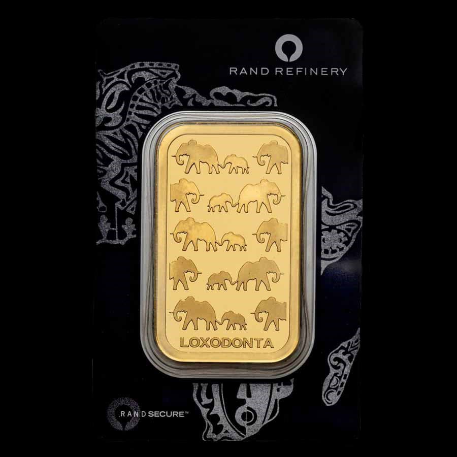 100 gram Rand Refinery Loxodonta gold bar front showing elephant herd design in sealed assay card