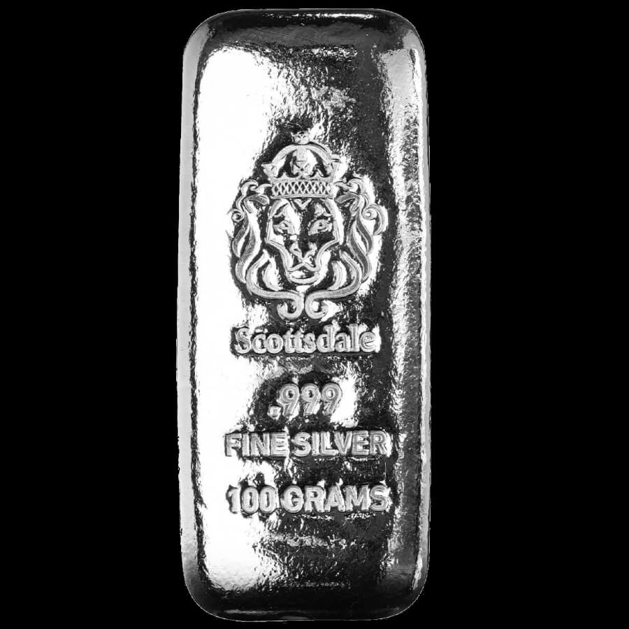 100 gram Scottsdale Mint cast-poured silver bar with lion crest, .999 fine