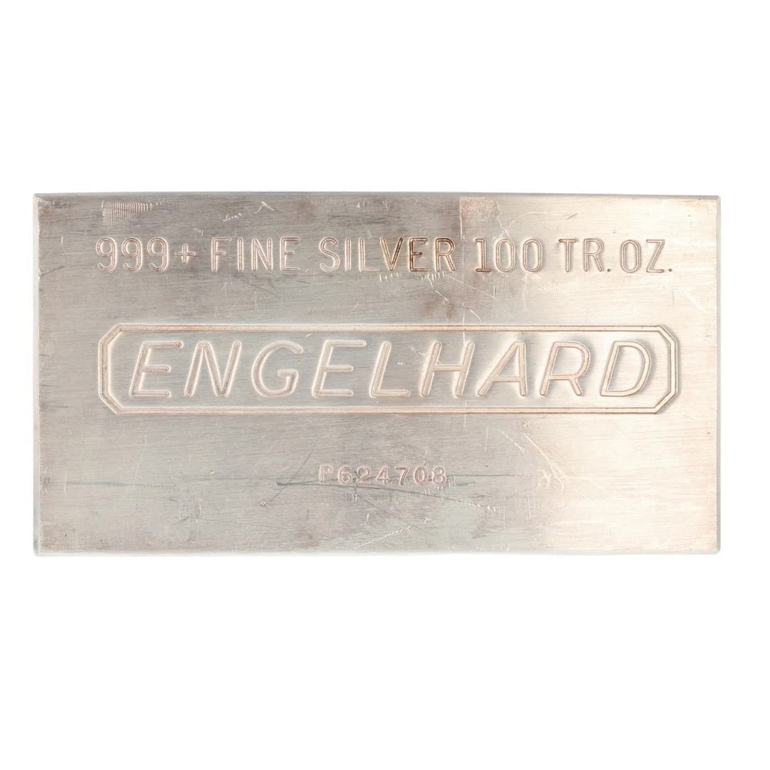 100 oz Engelhard silver bar front — .999+ fine silver 100 tr.oz.