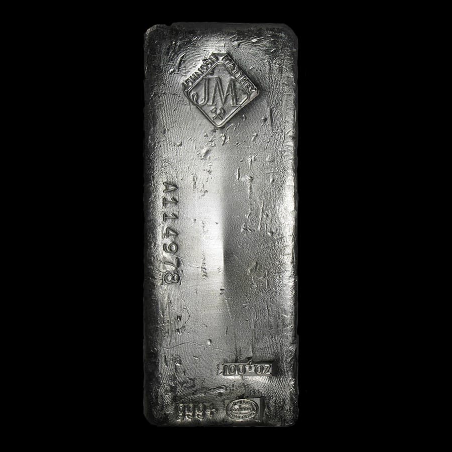100 oz Johnson Matthey poured silver bar with JM diamond hallmark and serial number