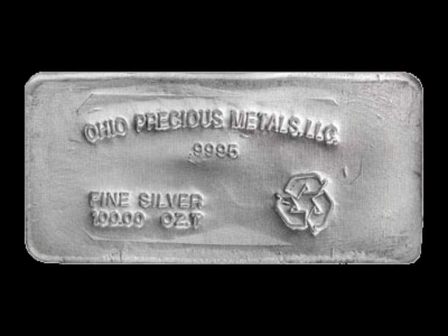 100 oz Ohio Precious Metals poured silver bar stamped .9995 fine silver