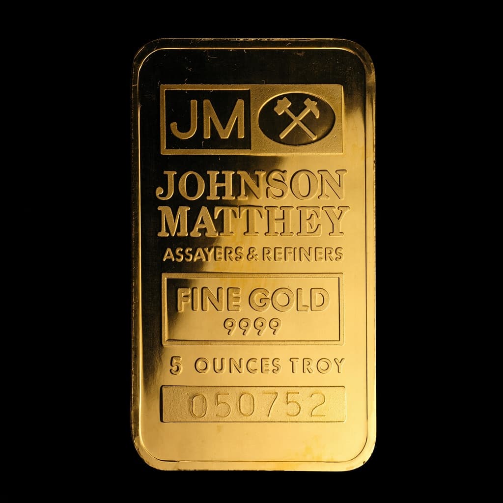 5 oz Johnson Matthey gold bar stamped FINE GOLD 9999, 5 OUNCES TROY