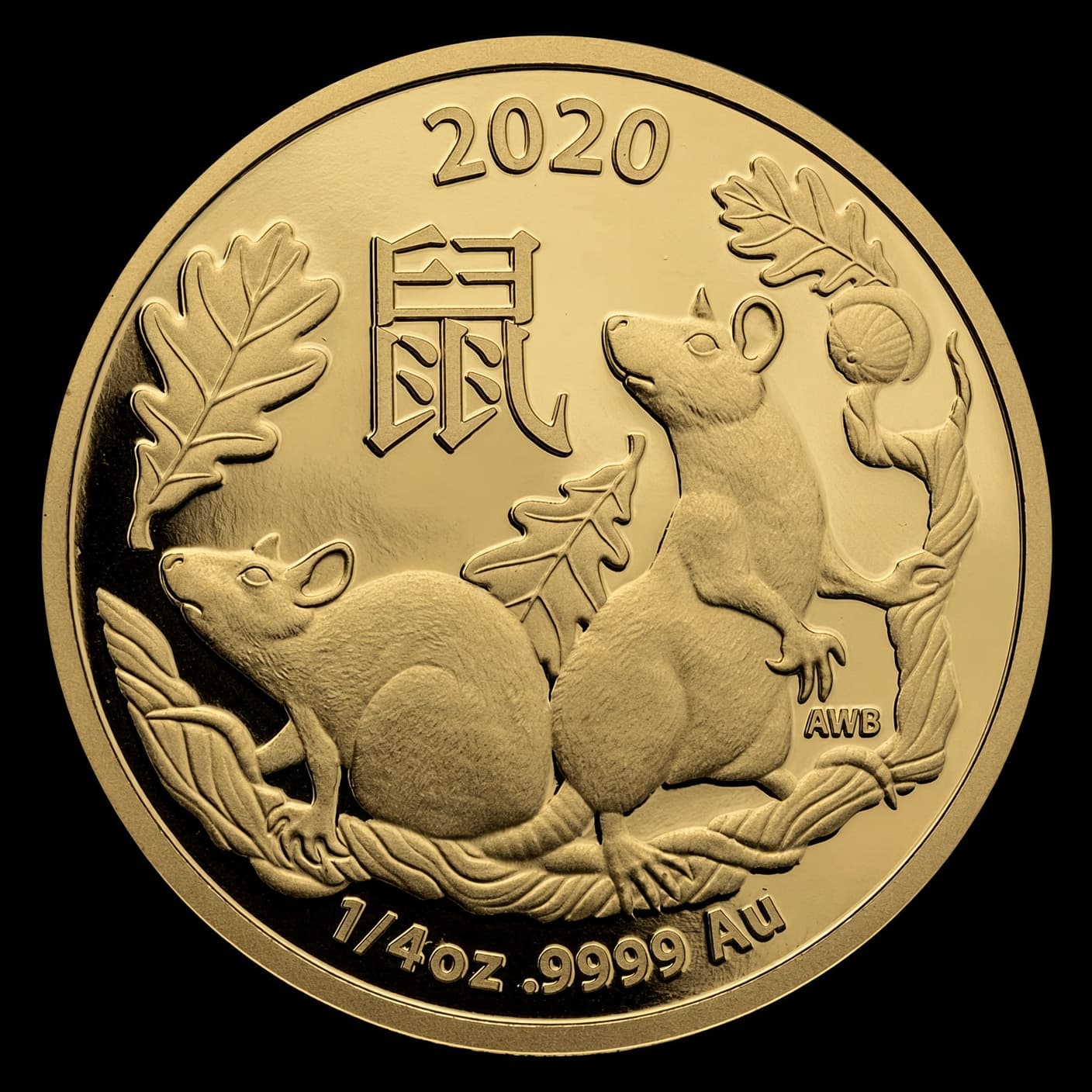 2020 Australia 1/4 oz gold Lunar Year of the Rat coin reverse with two rats and the Chinese character for rat