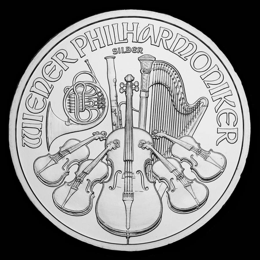 1 oz Austrian Silver Philharmonic obverse showing orchestral instruments — cello, violins, harp, bassoon, and Vienna horn — with WIENER PHILHARMONIKER legend