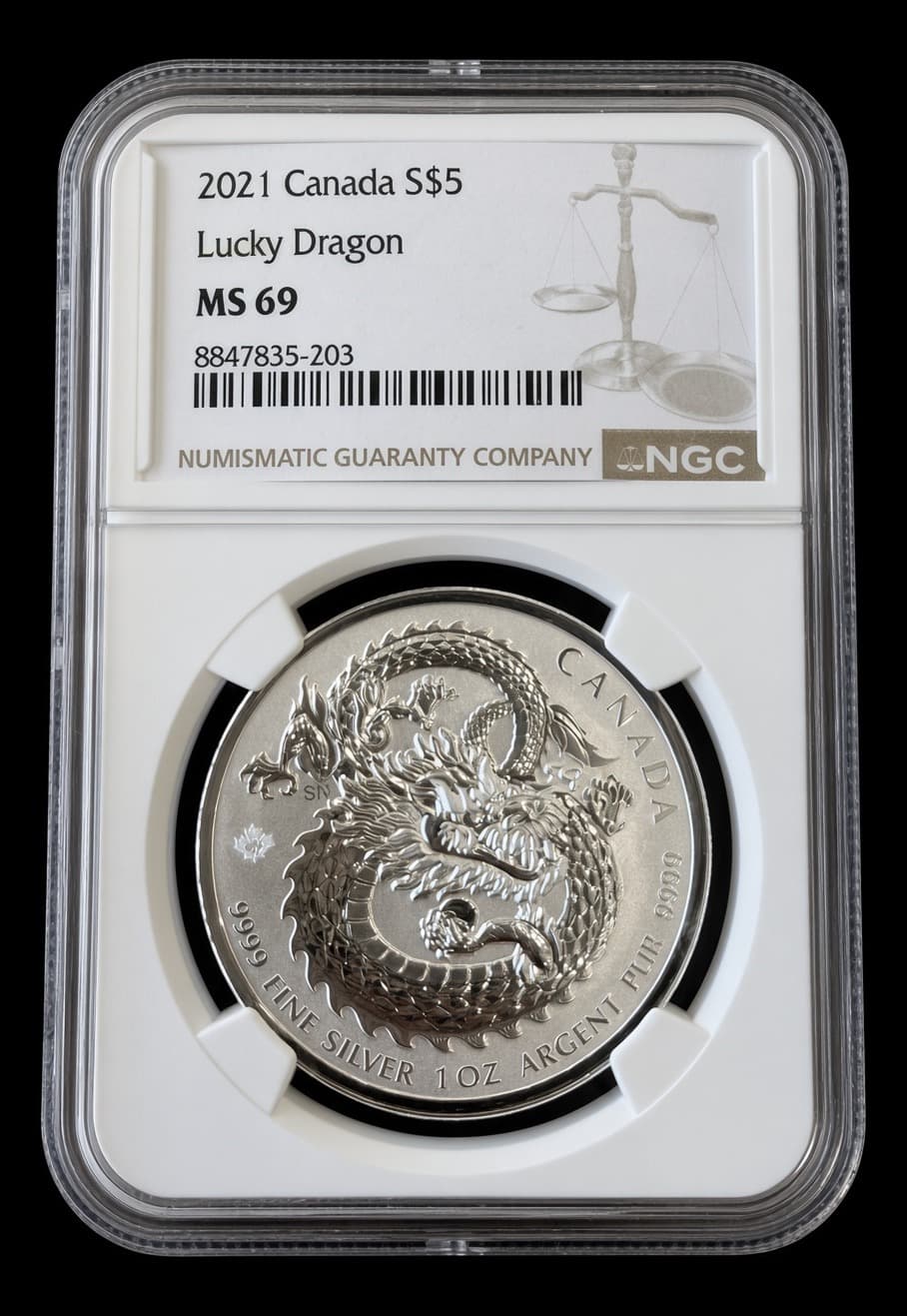 2021 Canada $5 Lucky Dragon 1 oz silver coin graded NGC MS69 in its slab