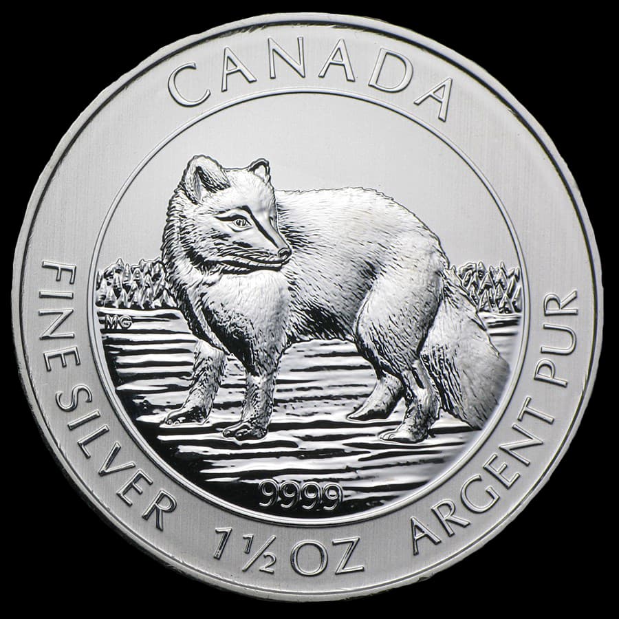 1.5 oz Canada Silver $8 Arctic Fox reverse showing an arctic fox, CANADA, FINE SILVER 9999 1 1/2 OZ ARGENT PUR