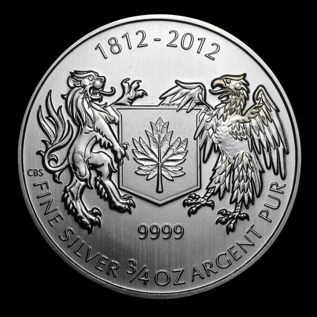 2012 Canada Silver War of 1812 reverse showing a lion and eagle flanking a maple leaf shield, 1812-2012, FINE SILVER 3/4 OZ ARGENT PUR 9999