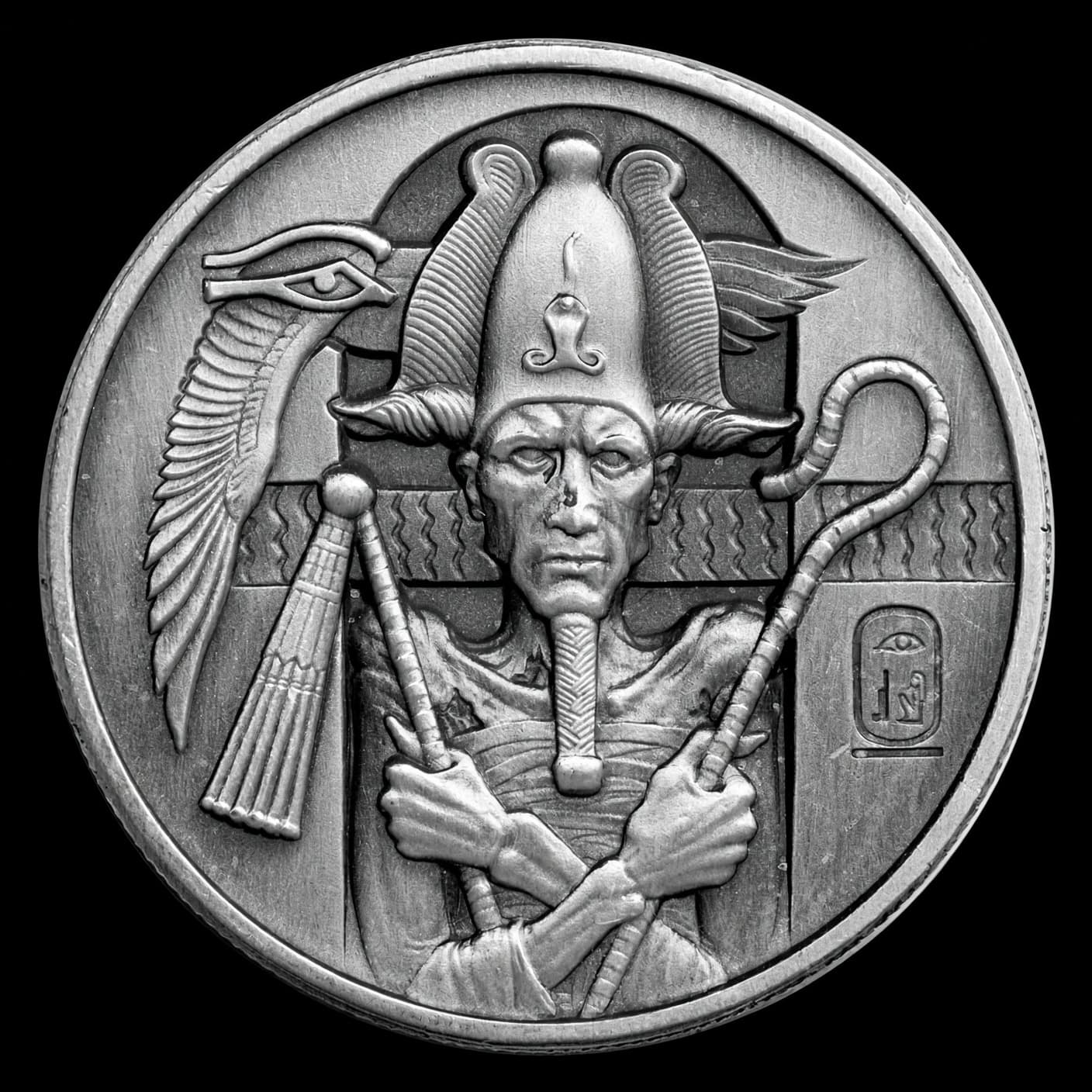 2 oz silver ultra high relief Egyptian Gods Series Osiris round obverse showing Osiris with crook and flail