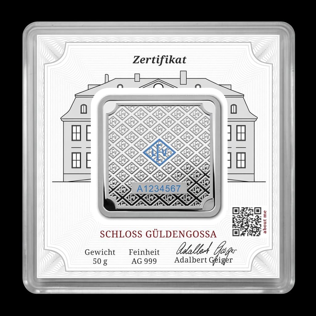 50 gram Geiger Edelmetalle square silver bar encapsulated with assay, showing the Schloss Güldengossa manor house (reverse)