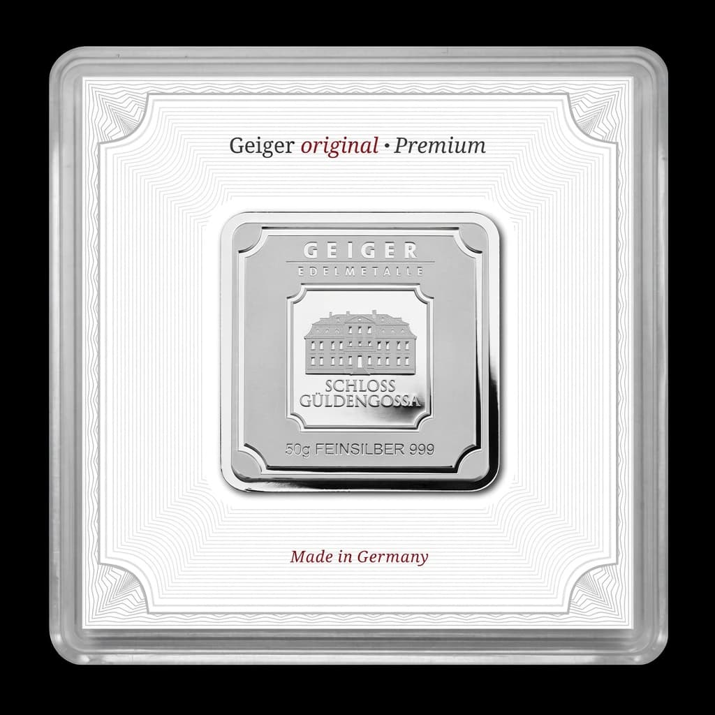 50 gram Geiger Edelmetalle square silver bar encapsulated with assay, showing the Schloss Güldengossa manor house