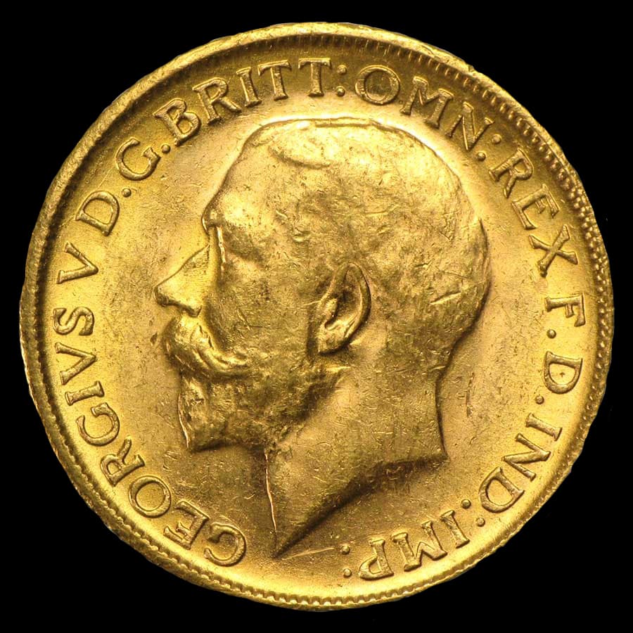 Great Britain gold sovereign obverse showing King George V portrait with GEORGIVS V D.G. BRITT: OMN: REX legend