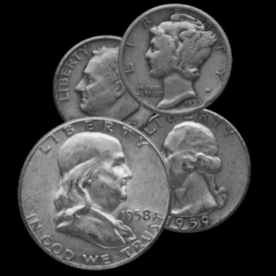 90% silver coins — Franklin half dollar, Mercury dimes, Roosevelt dime, and Washington quarter
