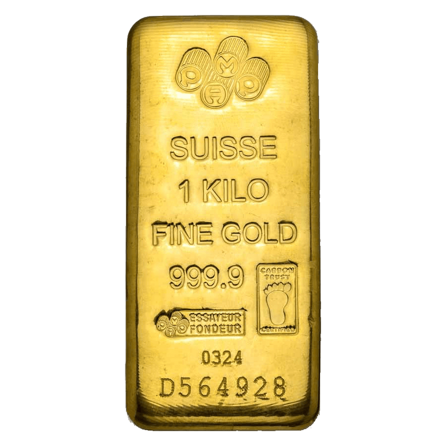 PAMP Suisse cast kilo gold bar front — 1 kilo fine gold 999.9 markings and serial number