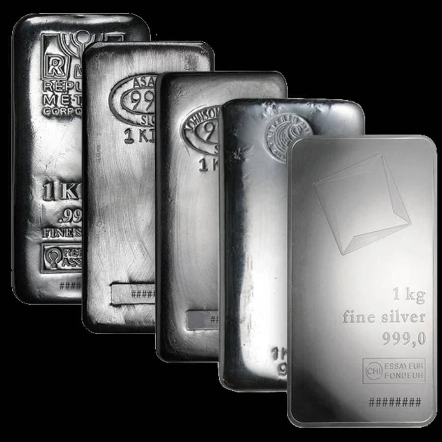 1 kilo silver bars from various recognized mints and refiners, including Republic Metals, Asahi, Johnson Matthey, and PAMP Suisse