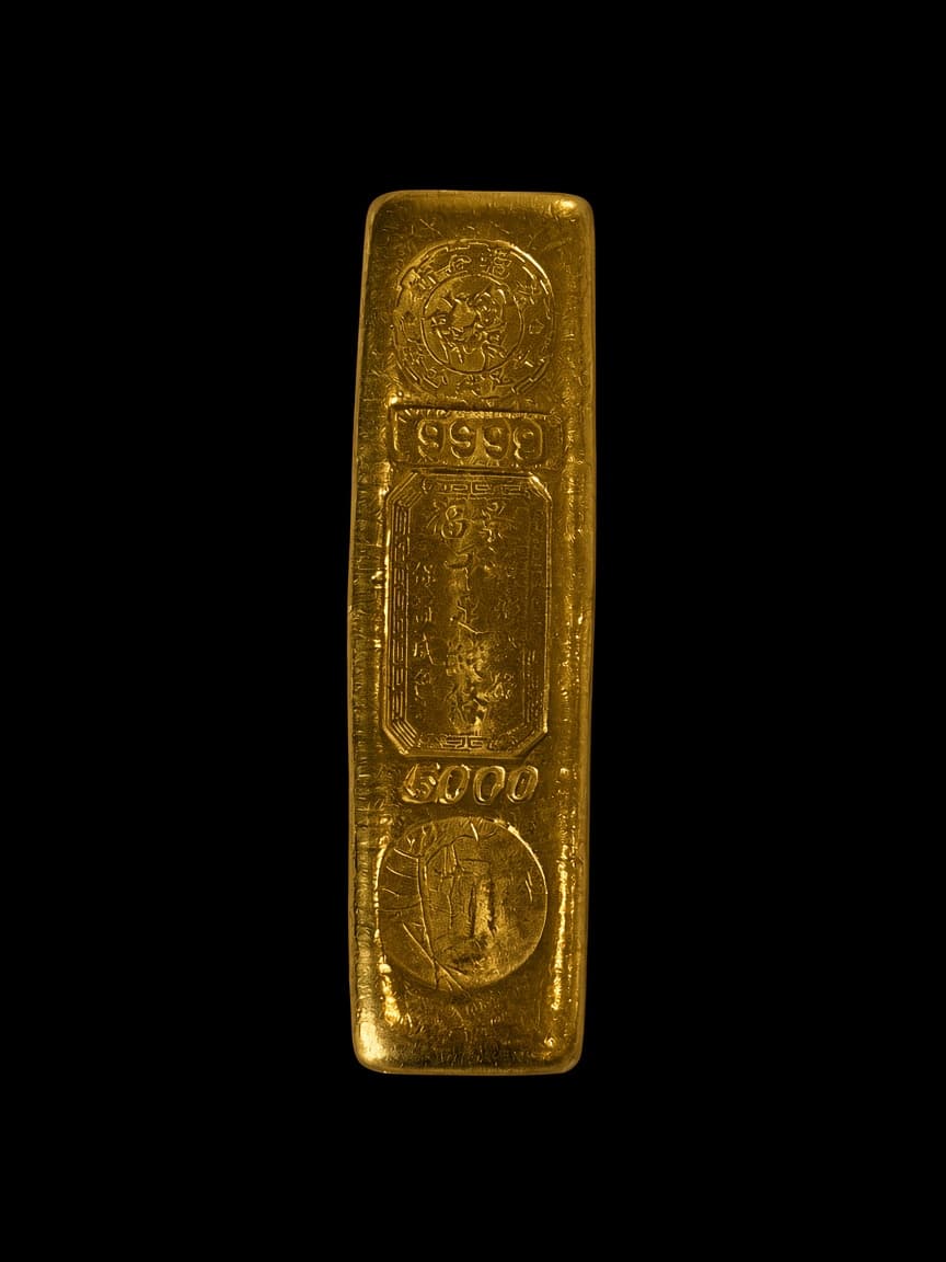 6 oz Chinese King Fook 5 tael gold finger bar stamped 9999 with Chinese characters and chop marks