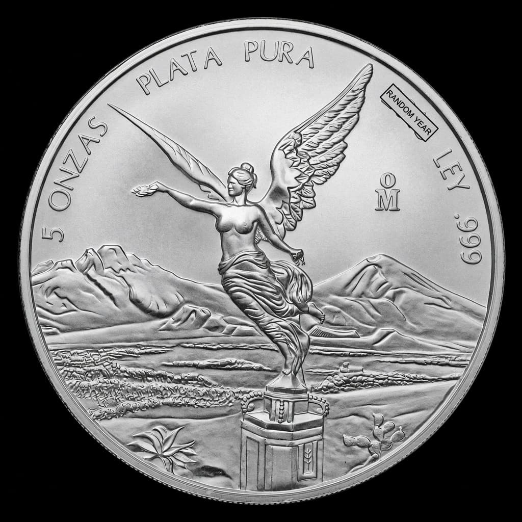 Mexico 5 oz Silver Libertad showing Winged Victory before Popocatépetl and Iztaccíhuatl, 5 ONZAS PLATA PURA LEY .999