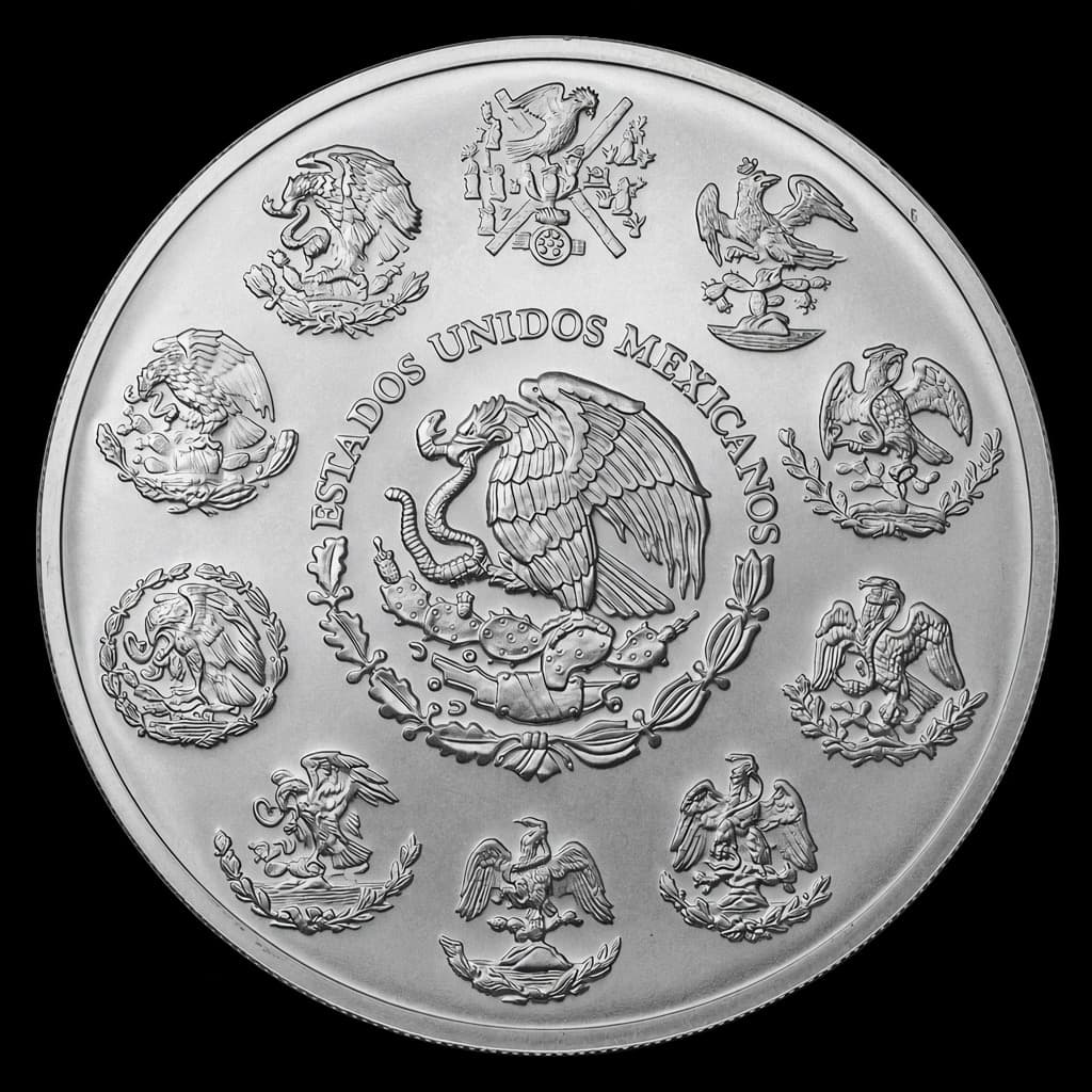Mexico 5 oz Silver Libertad showing Winged Victory before Popocatépetl and Iztaccíhuatl, 5 ONZAS PLATA PURA LEY .999 (reverse)