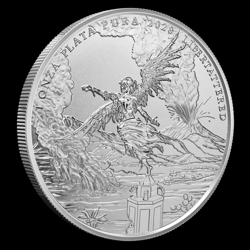 1 oz Silver Zombucks World Libertattered round showing a skeletal winged Victory over an erupting volcano